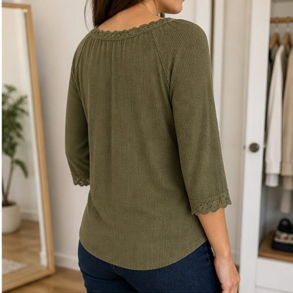 Olive Lace Trim Top - Picture 3 of 6